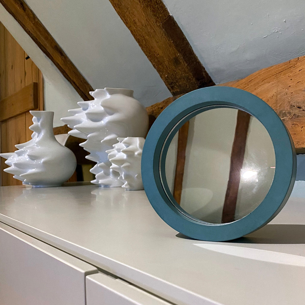 concrete and wax handmade teal blue concrete table mirror tableware lifestyle
