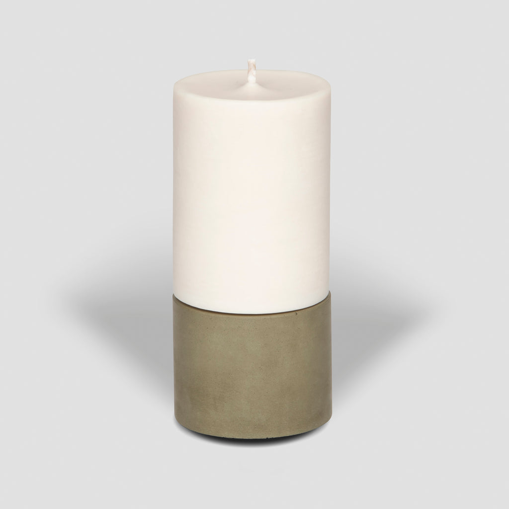 concrete and wax handmade olive green mid concrete tealight holder and fragranced pillar candle