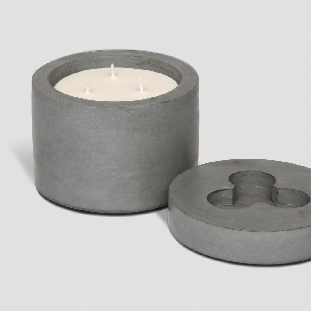 concrete and wax handmade grey concrete candle pot and lid and 3-wick candle