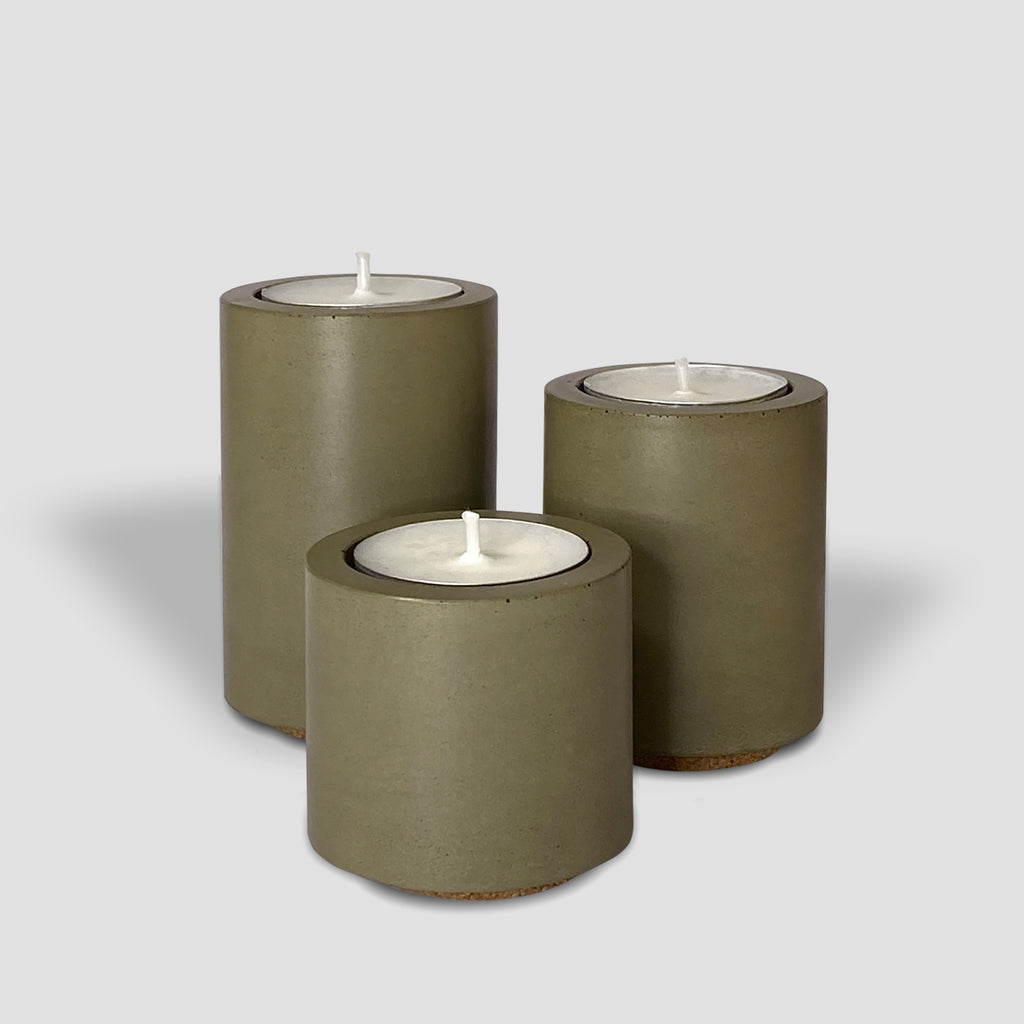 concrete and wax handmade olive green trio of concrete tealight and candle holders homeware gift