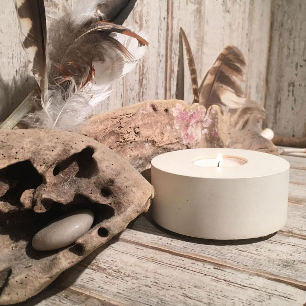 concrete and wax handmade white large concrete tealight holder and fragranced pillar candle