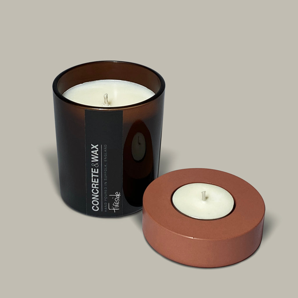 concrete and wax warm neutral homeware collection vegan container candle with handmade terracotta concrete lid