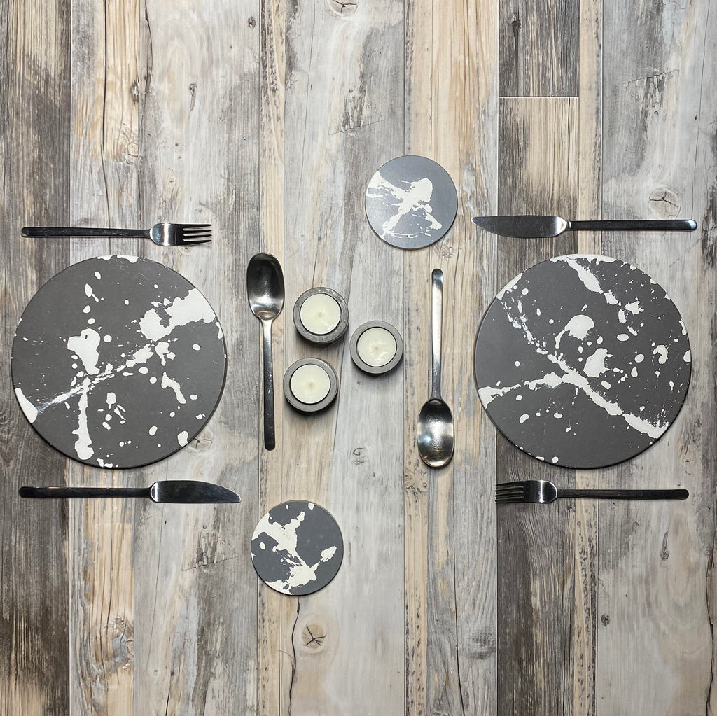 concrete and wax handmade grey splatter concrete coaster placemat tableware and tealight holders 
