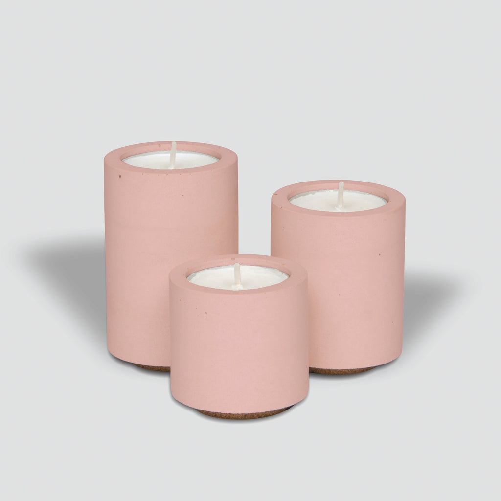 concrete and wax handmade trio set of blush pink tealight holders modular and stackable