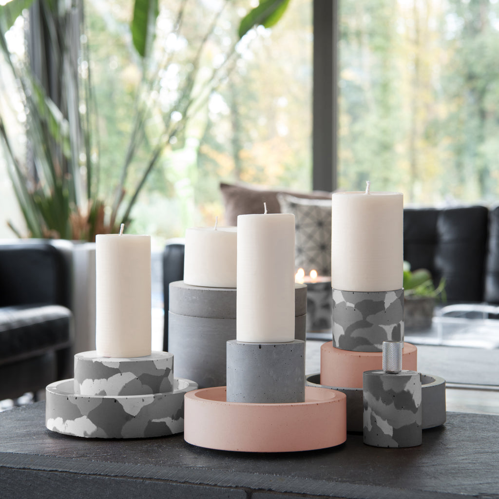 concrete and wax handmade stackable concrete candle holders and candles camouflage lifestyle lounge decor