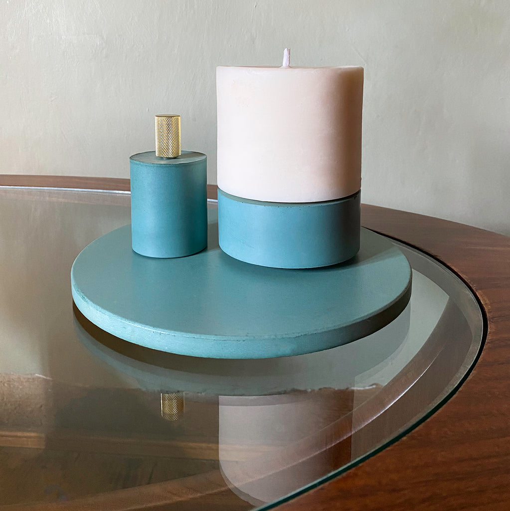 concrete and wax handmade teal blue concrete placemat set of two tableware candle and snuffer homeware gift 