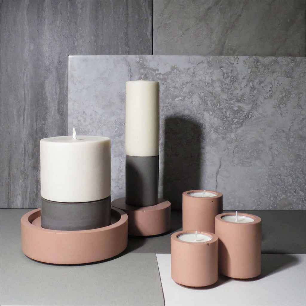 concrete and wax handmade blush pink trio of concrete tealight and candle holders homeware gift lifestyle