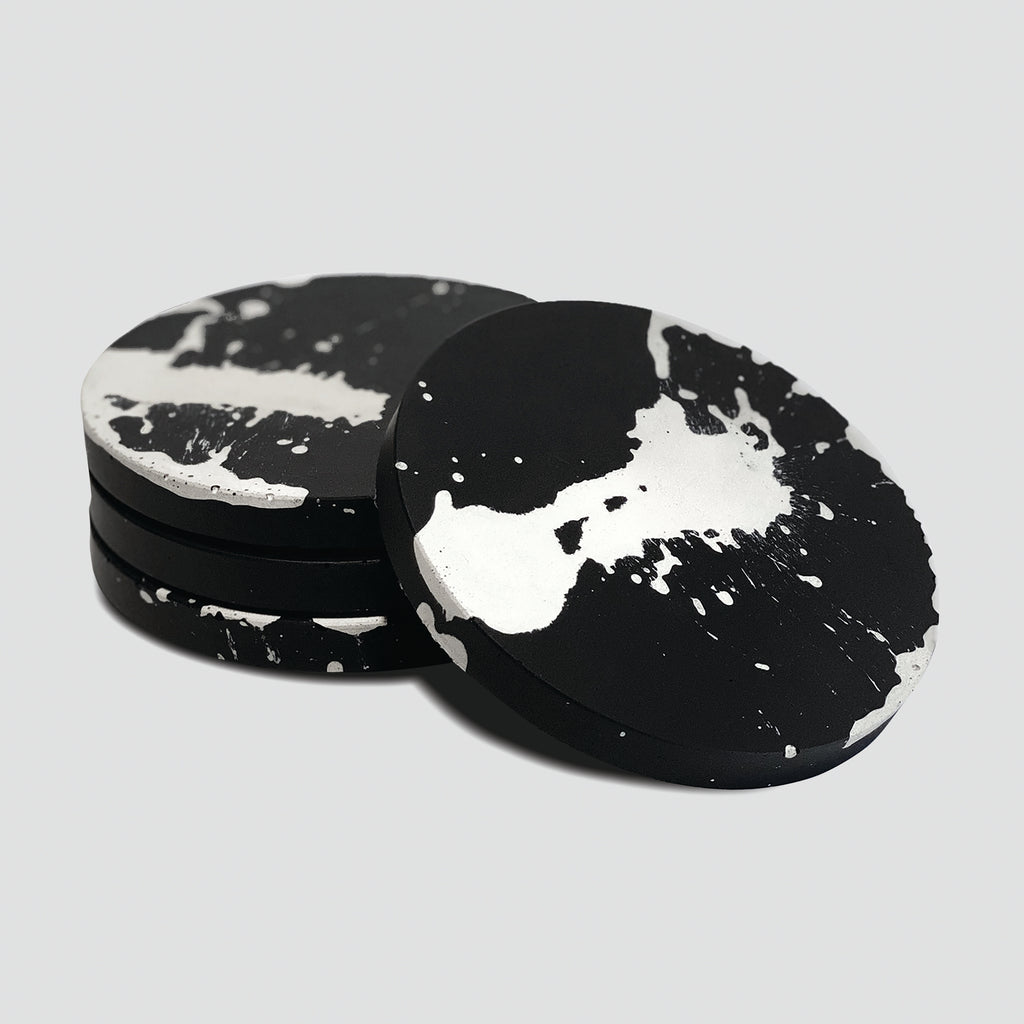 concrete and wax handmade black white splatter concrete coaster set homeware tableware