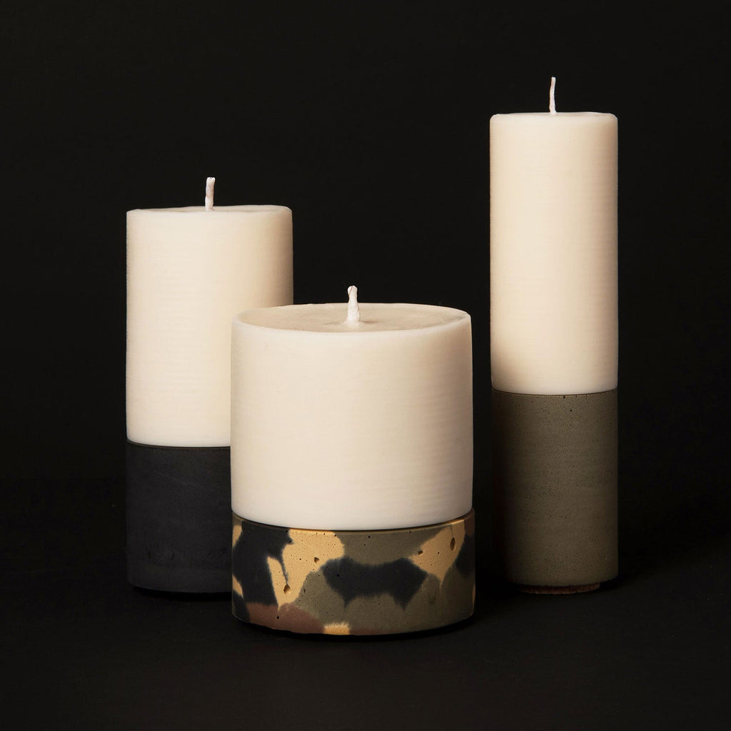 concrete and wax handmade camouflage large concrete tealight holder and fragranced pillar candle
