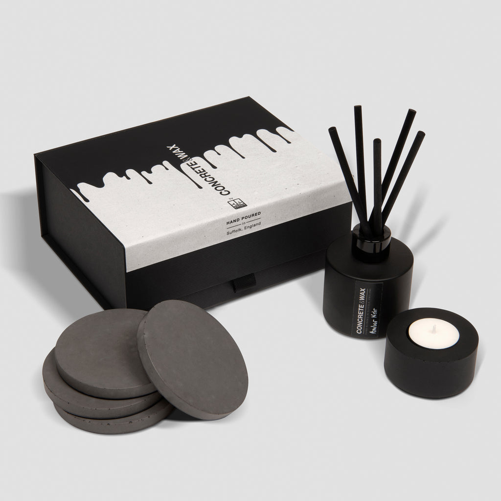 concrete and wax christmas gift box coaster set and home fragrance diffuser