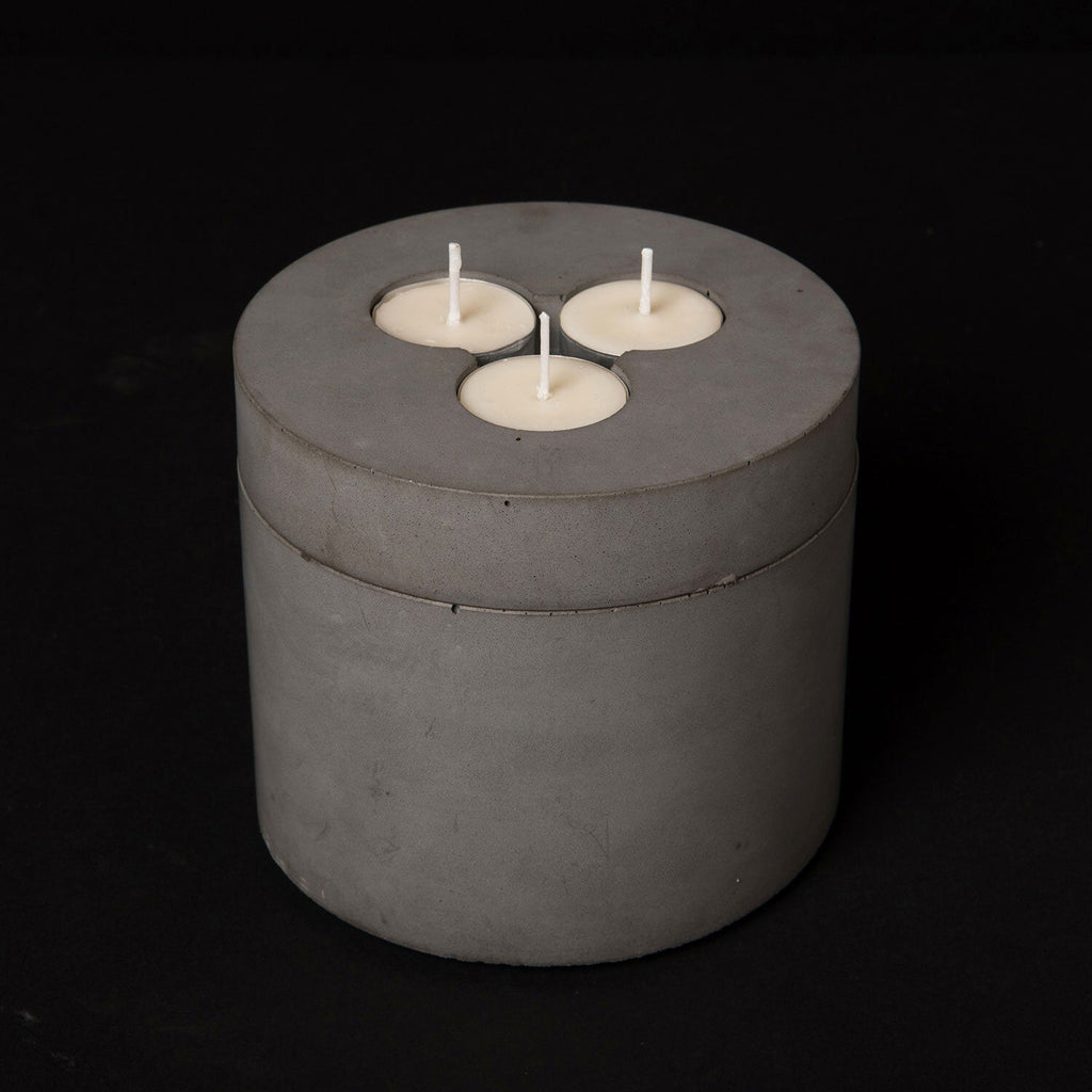 concrete and wax handmade grey concrete candle pot and lid and 3-wick candle