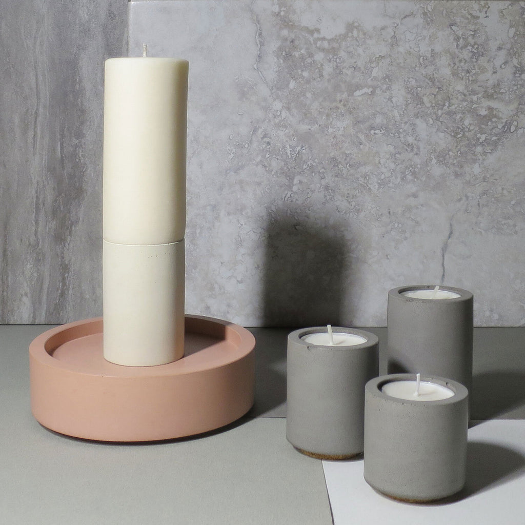 concrete and wax handmade grey trio of concrete tealight and candle holders homeware gift lifestyle candles