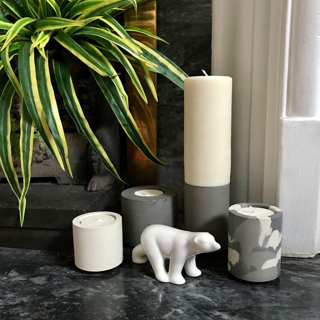 concrete and wax handmade white and camouflage trio of concrete tealight and candle holders homeware gift