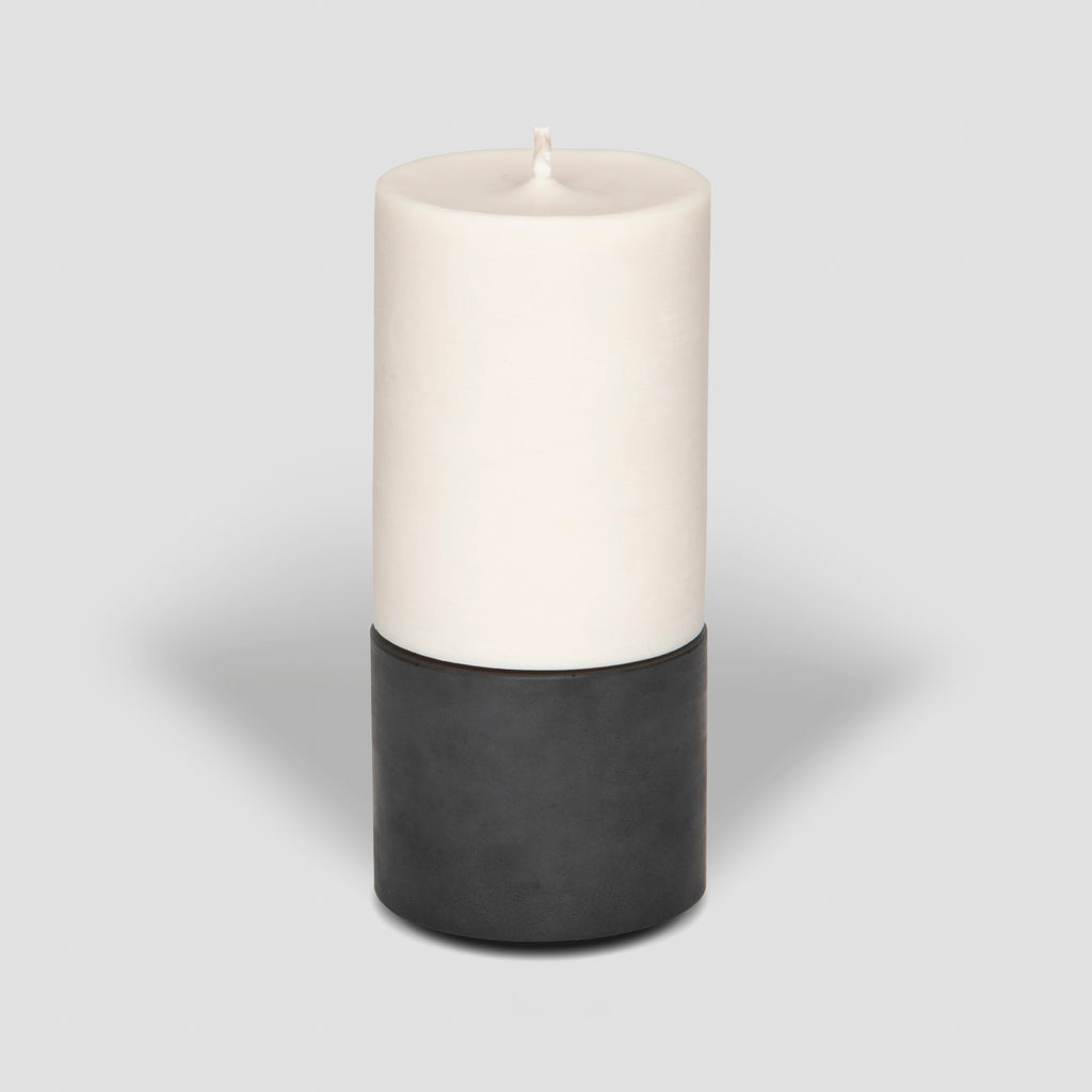 concrete and wax handmade black mid concrete tealight holder and fragranced pillar candle