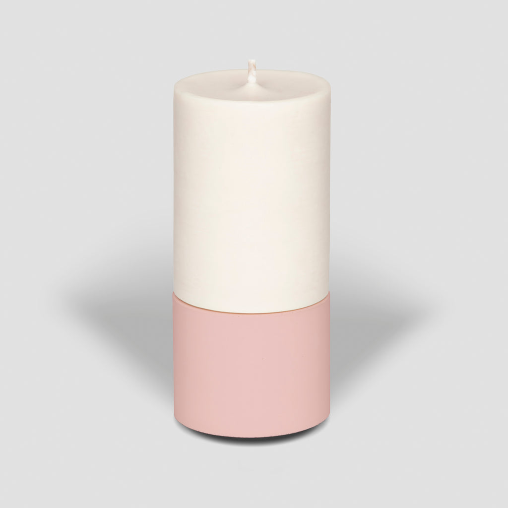 concrete and wax handmade blush pink mid concrete tealight holder and fragranced pillar candle