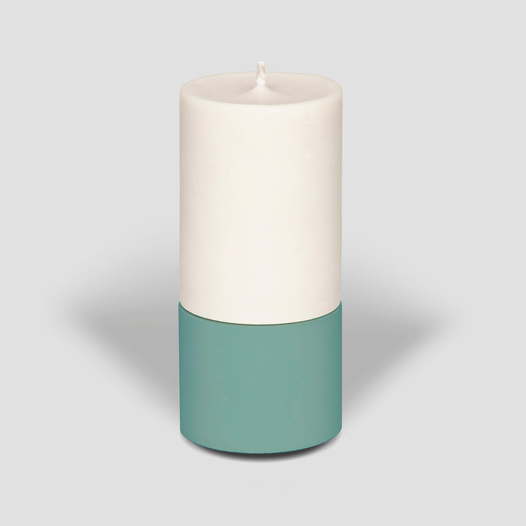 concrete and wax handmade teal blue mid concrete tealight holder and fragranced pillar candle
