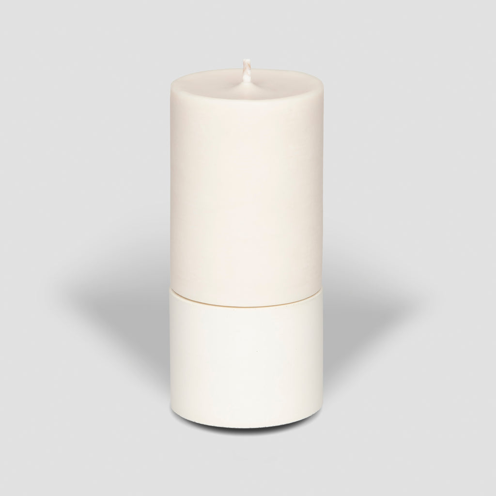 concrete and wax handmade white mid concrete tealight holder and fragranced pillar candle