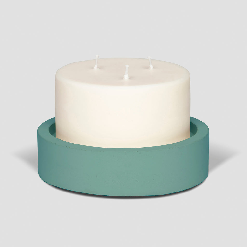 concrete and wax handmade teal blue concrete candle plate and 3-wick pillar candle