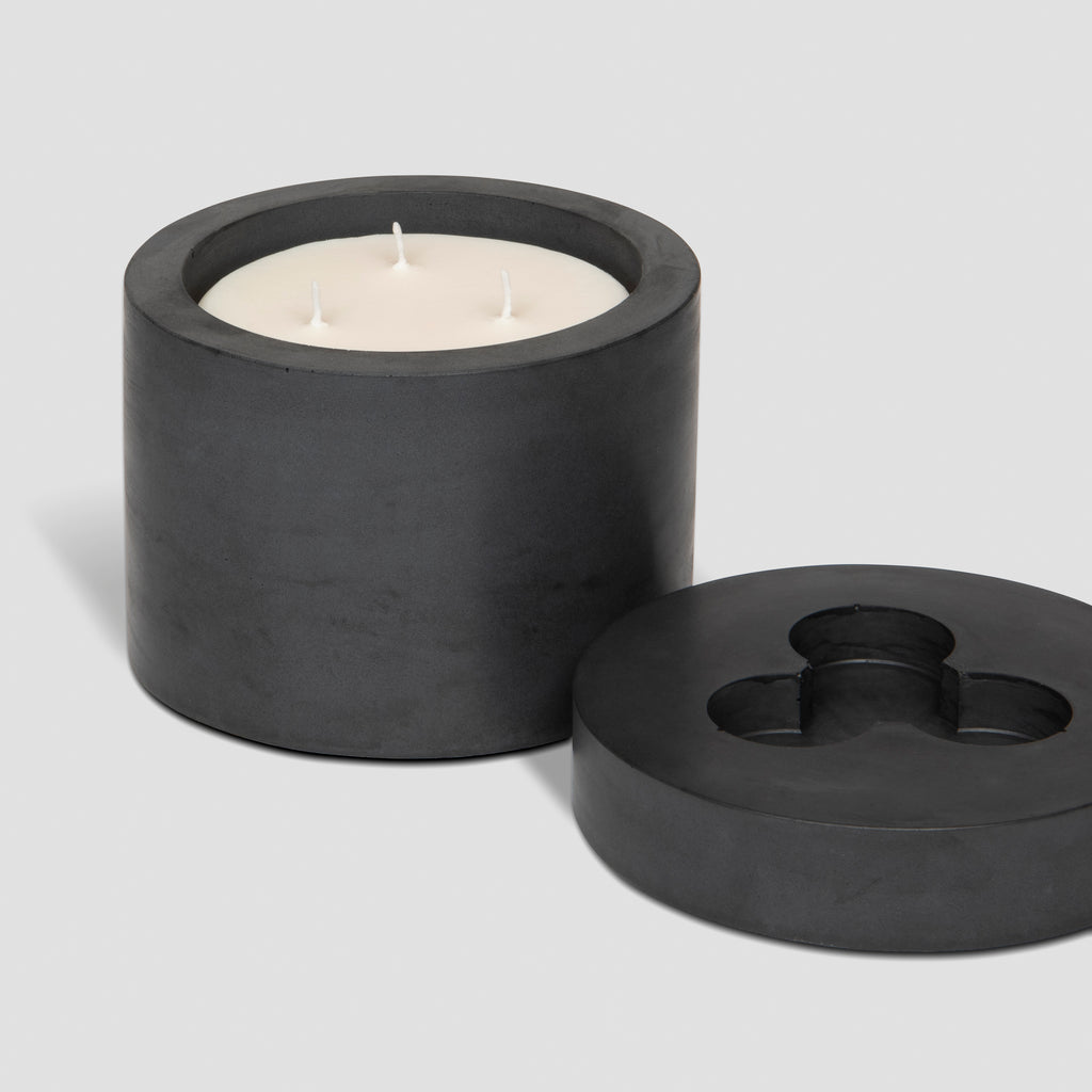 concrete and wax handmade black concrete candle pot and lid and 3-wick candle