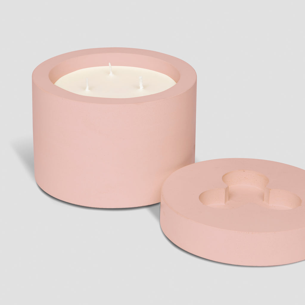 concrete and wax handmade blush pink concrete candle pot and lid and 3-wick candle
