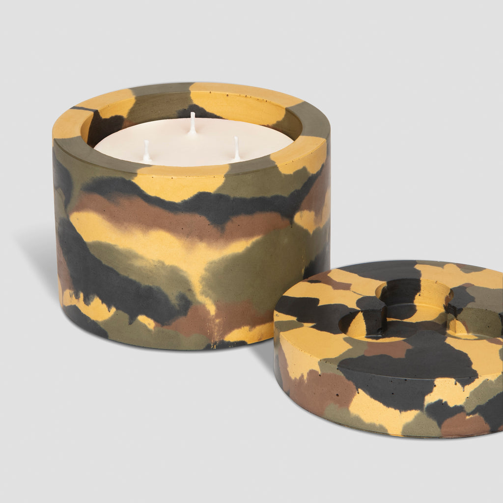 concrete and wax handmade camouflage concrete candle pot and lid and 3-wick candle