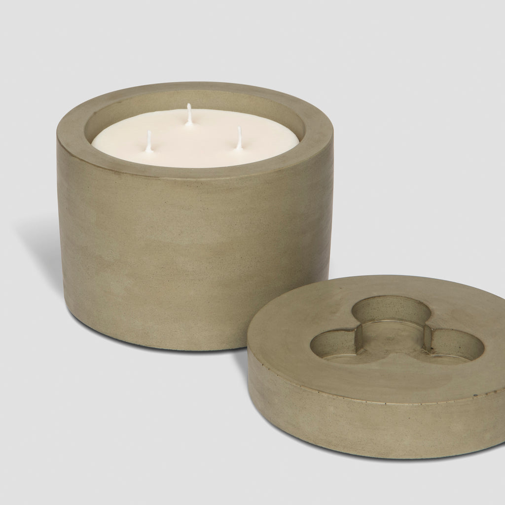 concrete and wax handmade olive green concrete candle pot and lid and 3-wick candle