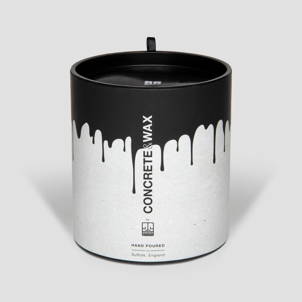 concrete and wax handmade black concrete candle pot and lid packaging