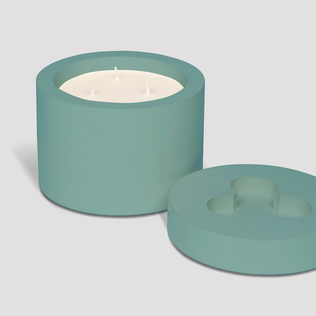 concrete and wax handmade teal blue concrete candle pot and lid