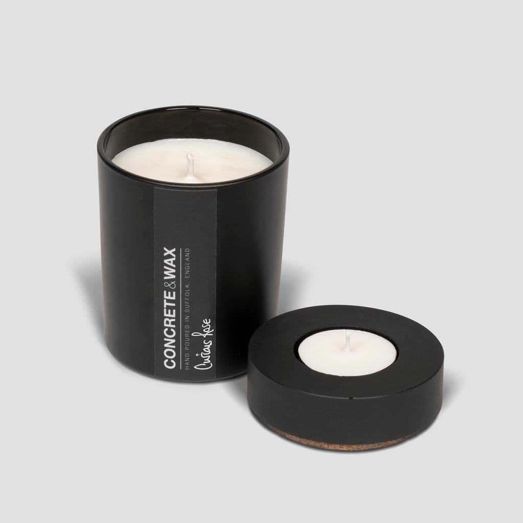 concrete and wax small fragranced vegan container candle with concrete lid