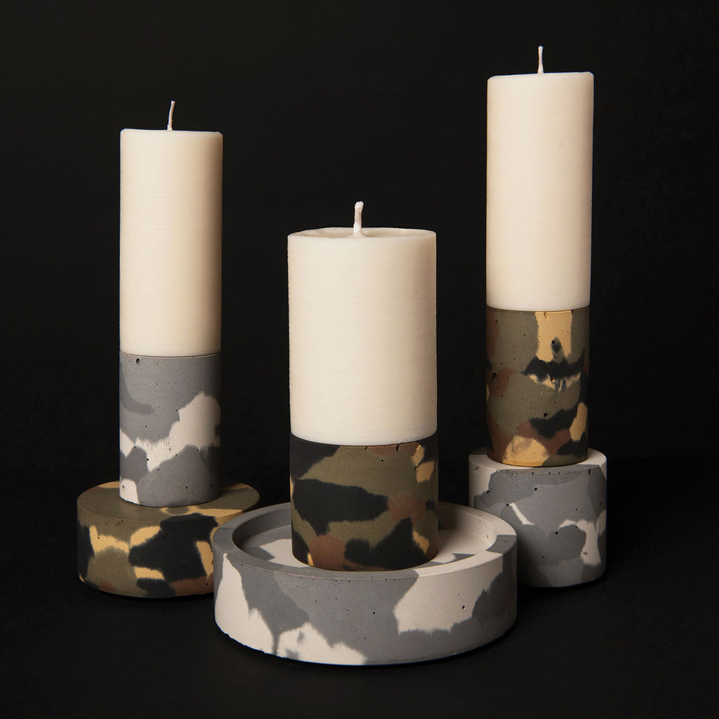 concrete and wax handmade camouflage candleware arrangement