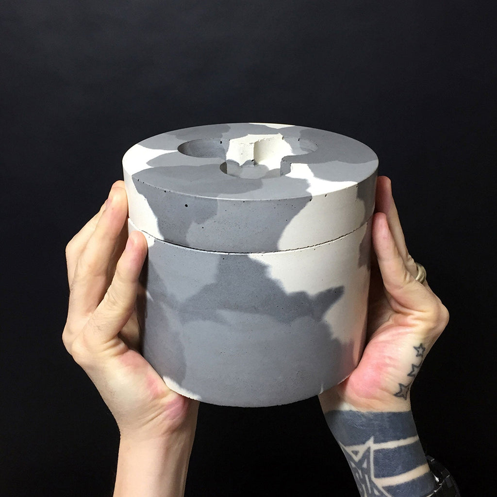 concrete and wax handmade monochrome camouflage concrete candle pot and lid and 3-wick candle