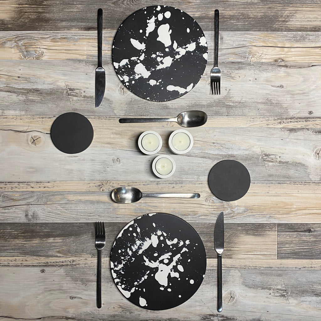 concrete and wax handmade black and white splatter concrete placemat set of two and coasters tableware homeware gift 