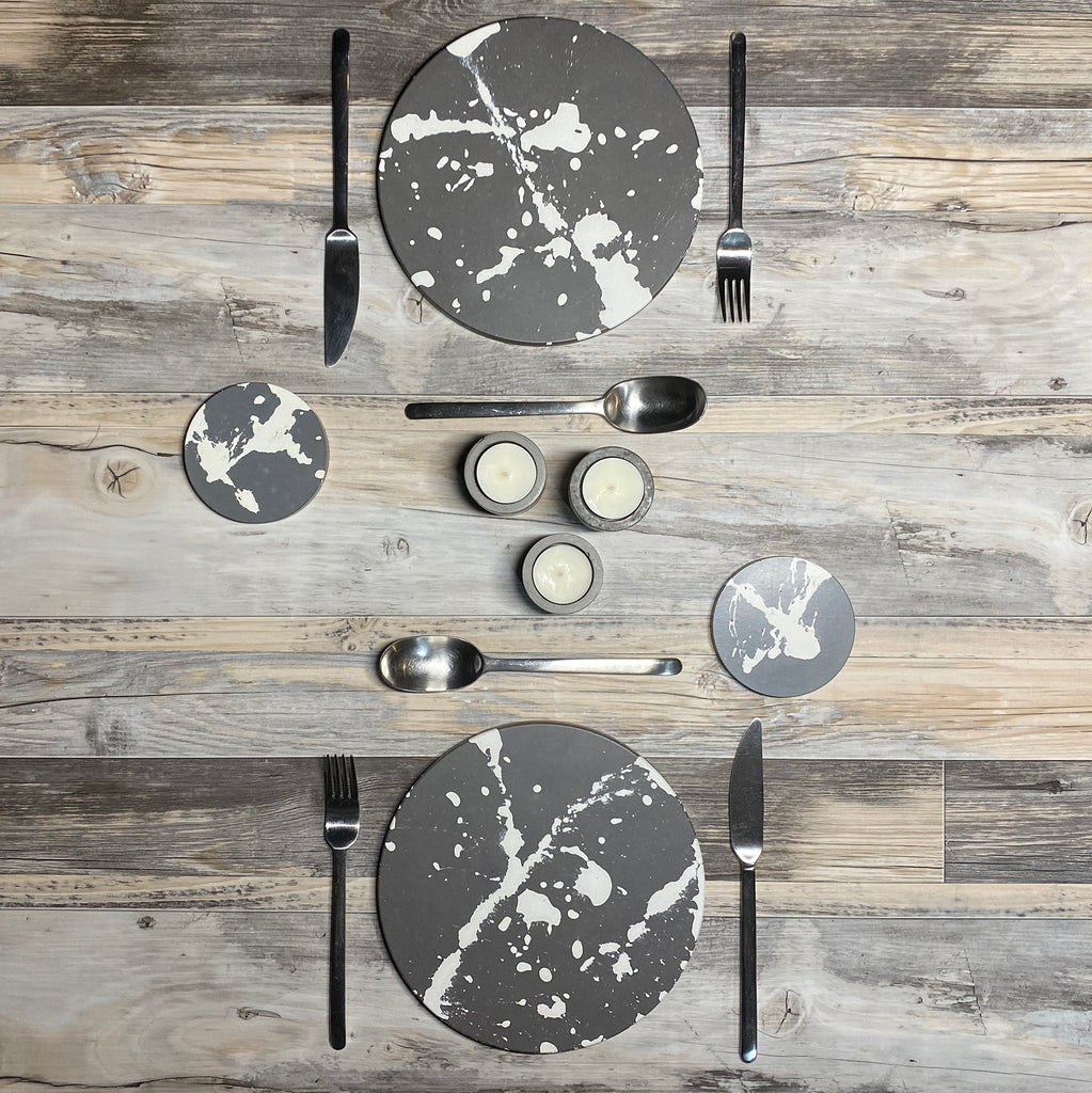 concrete and wax handmade grey and white splatter concrete placemat set of two tableware monochrome homeware gift 
