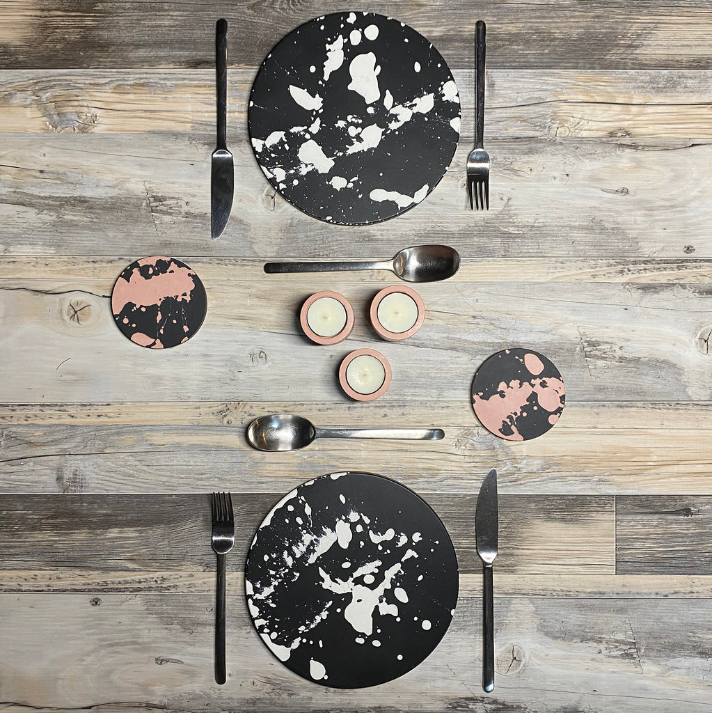 handmade black blush pink splatter concrete  coaster set placemats tableware lifestyle