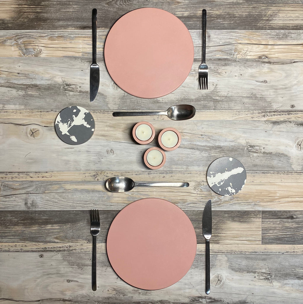 concrete and wax handmade blush pink concrete placemat set tableware gift homeware unique splatter coasters