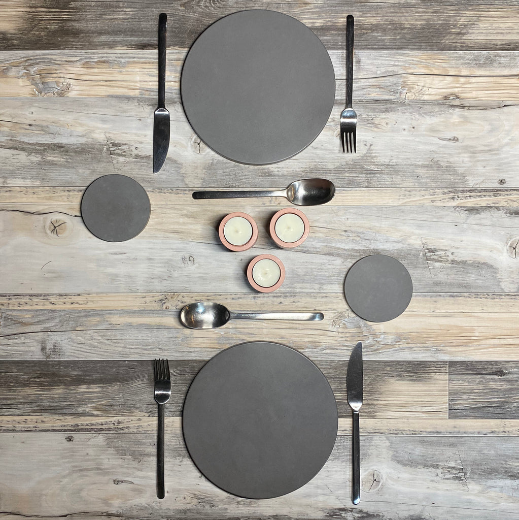 handmade grey concrete coaster set of four placemat table setting