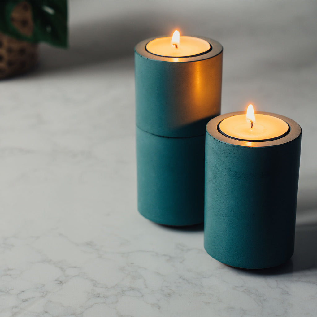 concrete and wax handmade teal blue trio of concrete tealight and candle holders homeware gift