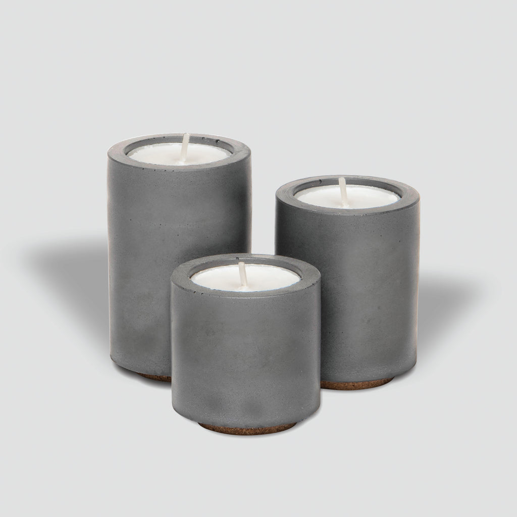 concrete and wax handmade grey trio of concrete tealight and candle holders homeware gift