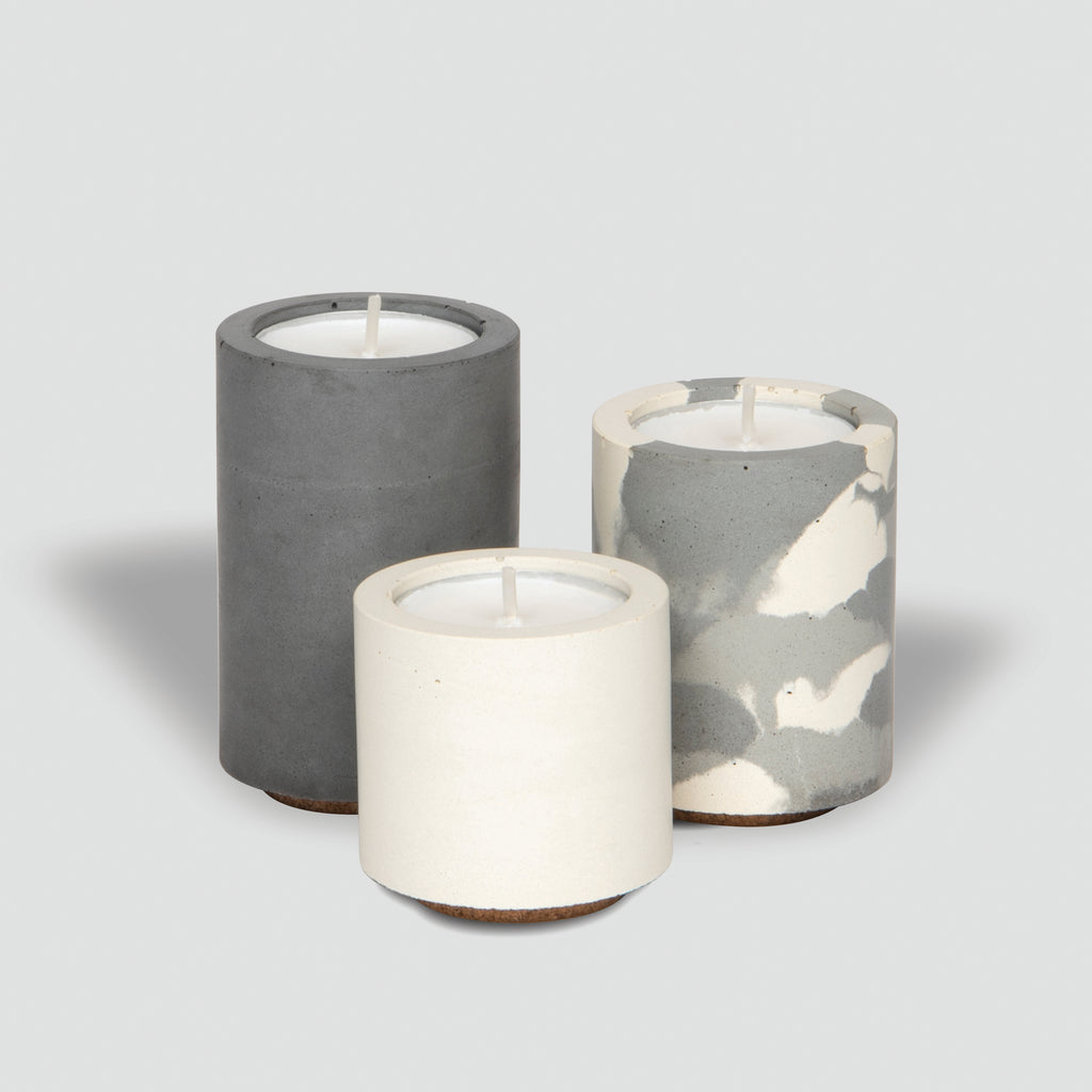 concrete and wax handmade white and camouflage trio of concrete tealight and candle holders homeware gift