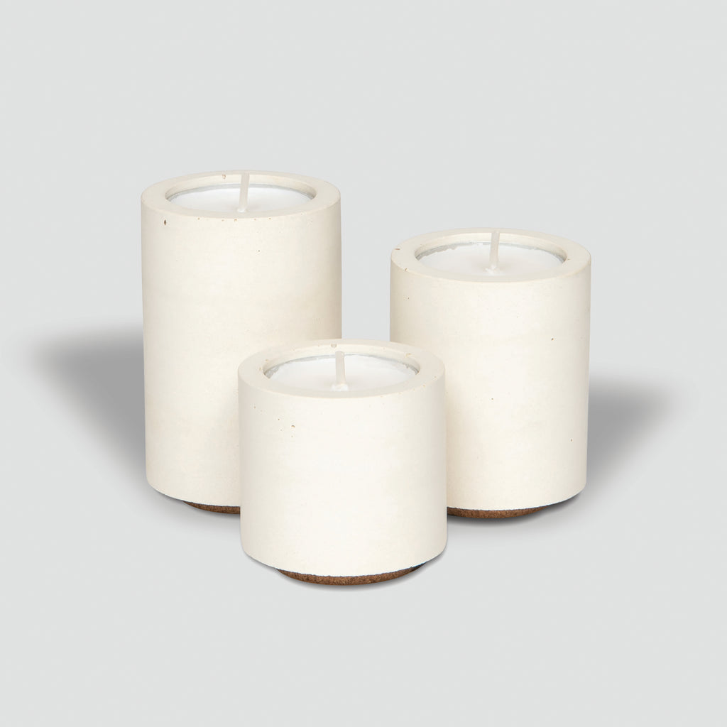 concrete and wax handmade white trio of concrete tealight and candle holders homeware gift