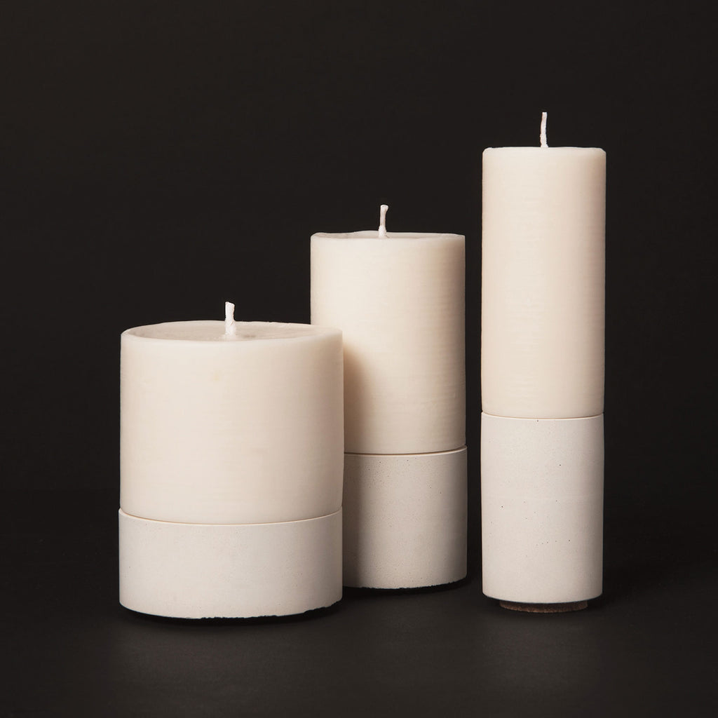 concrete and wax handmade white mid concrete tealight holder and fragranced pillar candle