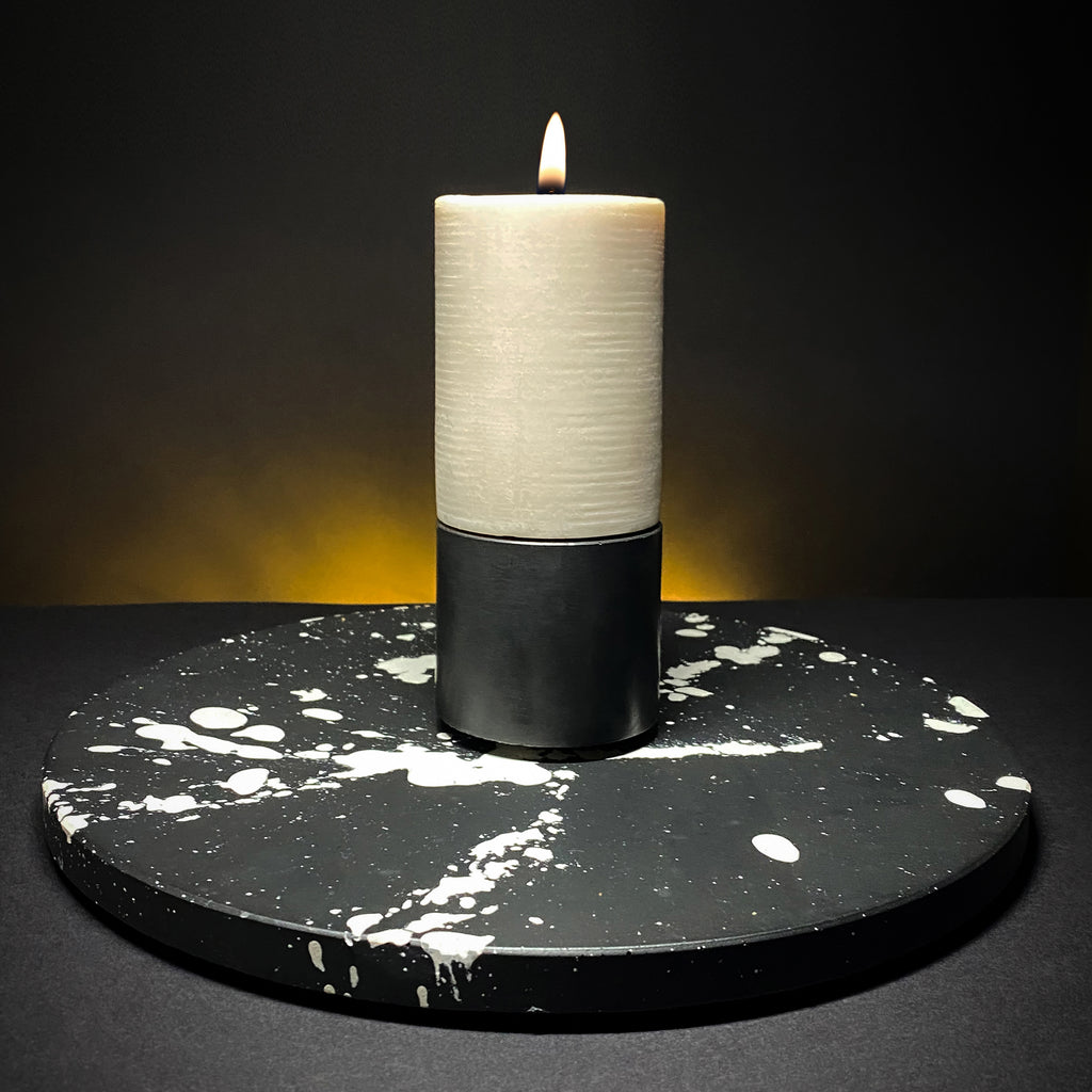 concrete and wax handmade black and white splatter concrete table centrepiece tableware homeware gift candle and holder monochrome home