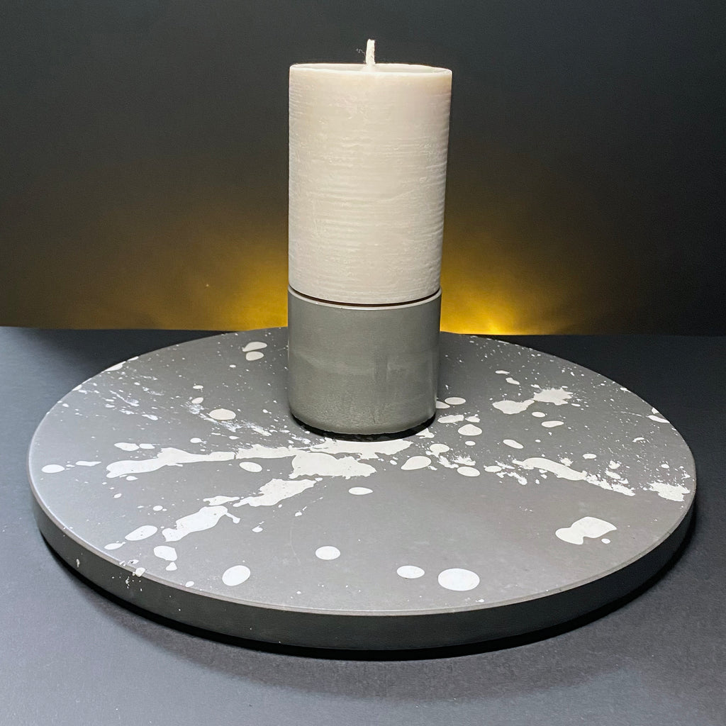 concrete and wax handmade grey and white splatter concrete table centrepiece tableware homeware gift candle and holder