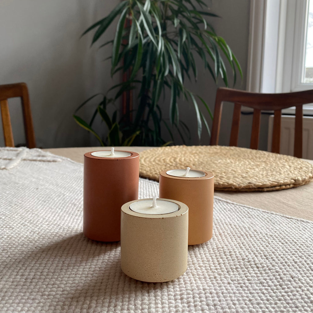 concrete and wax trio of tealight holders handmade concrete natural fragrance wax